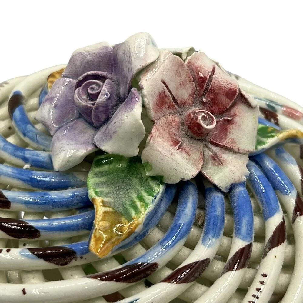 Vtg Hand Painted Spanish Porcelain Trinket Box Twig Style Basket Bloomcore Spain